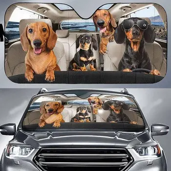 תחש מצחיק המשפחה נוסע במכונית שמשיה, שמשיה לרכב, שמשיות השמשה תחש, כלב שמשיות על השמשה הקדמית, מול
