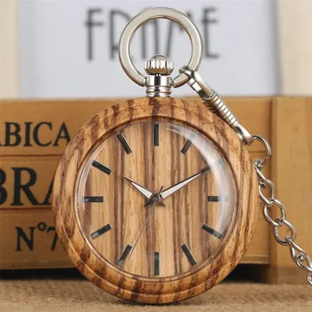 רטרו עץ זברה קוורץ שעון כיס זוהר הידיים שחור מידה חיוג טבעי עץ תליון שעון כסף Fob וינטאג ' מתנה