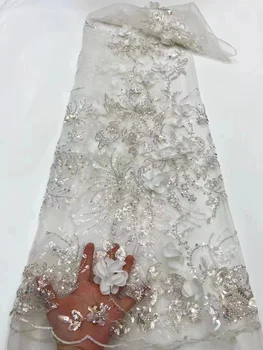 לבן 3D פרחים אפריקה בד תחרה עם חרוזים פאייטים תחרה צרפתי בד טול אפליקציות תחרה עבור כלה שמלת מסיבת החתונה