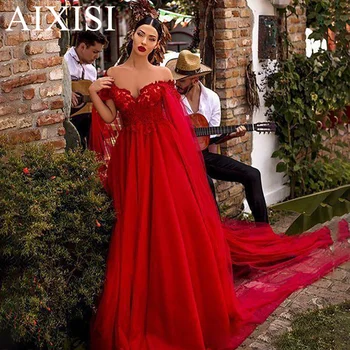 AIXISI אדום מתוק שמלות כלה את הכתף טול אפליקציות תחרה שרוול ארוך תחרה שמלת החתונה Vestidos דה נוביה