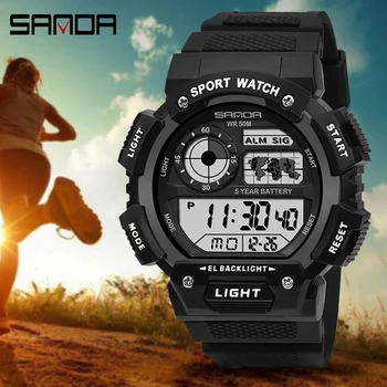 סאנדה רב תכליתי Mens שעונים אלקטרוניים ספורט הכרונוגרף הרים צבאי שעון גברים שעון מעורר עמיד למים 6009