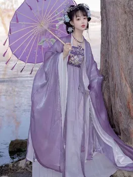 Hanfu השמלה נשים סינית עתיקה מסורתית Hanfu ליל כל הקדושים פייה תחפושות קוספליי מעיל סגול+השמלה 2pcs קובע בתוספת גודל XL