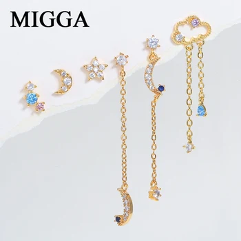 MIGGA 6pcs ססגוניות זירקון קריסטל הירח כוכב ענן זרוק עגילים להגדיר עבור נשים צבע זהב תכשיטים