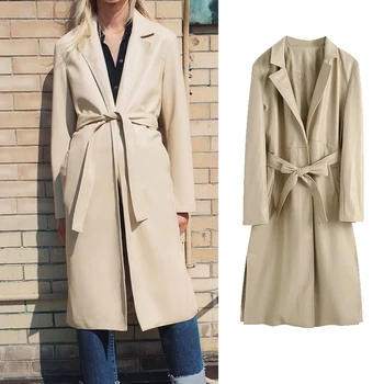 2020 סתיו מעיל רוח נשים מעיל חגורה למותניים דש סלים טרנץ ' מעיל ארוך הגברת אופנת רחוב קוריאני להאריך ימים יותר