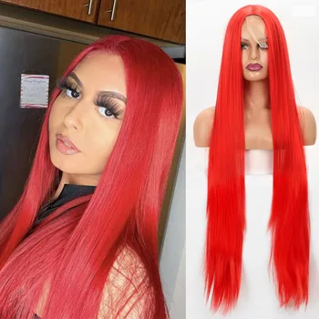זמן ישר הקדמי של תחרה סינטטי פאות עבור נשים, שיער ארוך, פאות בצבע אדום החלק האמצעי רך יומי טבעי שיער הפאה