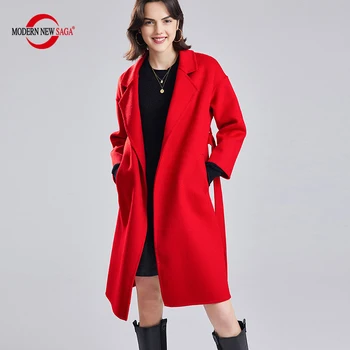 מודרנית חדשה סאגת נשים מעיל צמר 100% צמר סתיו צמר ארוך, מעילי חורף חם צמר מעיל החגורה נשית מעיל קשמיר קוריאנית