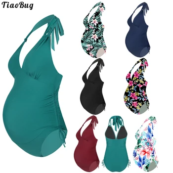 TiaoBug הקיץ לידה ביקיני בגדי ים מקשה אחת V-צוואר הריון בגדי ים הקולר Monokini פרח הדפסה בריכת רחצה Beachwear