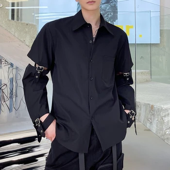 Techwear חולצות גברים היפ הופ Harajuku Darkwear טלאים כפתור למעלה מקסימום זכר פאנק שרוול ארוך מזדמן אופנת רחוב יפנית.