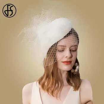 FS בצבע בז ' לבן Fascinator כובעים לחתונות הכנסייה נשים דרבי הבונקר כובע עם צעיף שחור Fedoras בציר בנות מסיבה אלגנטית