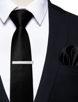 אופנה שחור מוצק לקשור לאדם מסיבת חתונה קלאסי משי יוקרה הגברים העניבה של כיס מרובע קליפ להגדיר corbatas פארא גבר מתנה