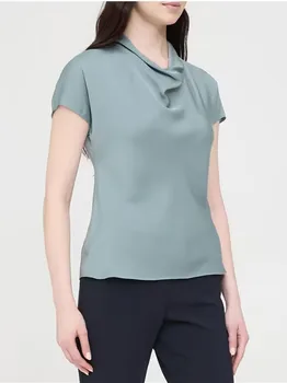 נשים ערימת צווארון חולצה בצבע אחיד כל-התאמת שרוול קצר משי תערובות הקיץ 2023 חולצה OL העליון