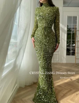 ירוק ארוך צוואר גבוה שמלות ערב שרוולים ארוכים עם חרוזים ללא משענת קו אורך רצפת תחרה, רקמה שמלת הנשף 2023