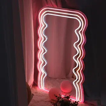 גלי ניאון המראה הבנות הביתה עיצוב חדר מראה סימן אור לפצות גל המראה מנורת לילה אישית את המראה Led שלט ניאון Kawaii