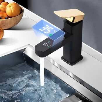 דיגיטלי אגן ברז כפתור מגע הברז בשירותים LED תצוגת טמפרטורה סיפון כיור מותקן מטבח אמבטיה ברז Accessorie