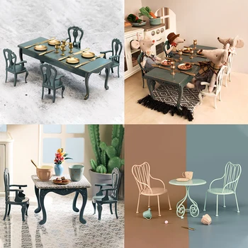 בית בובות רטרו ברזל שולחן סלון מטבח מיני שולחן אוכל, כיסא רהיטים אביזרים מרובע שולחן כיסא להגדיר