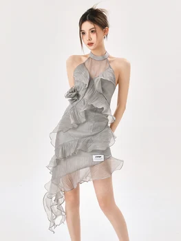 הקיץ אפור הקולר off-the-כתף שמלה סקסית רשת תפירת שמלת השיפון