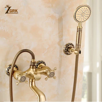 ZGRK עתיק פליז מקלחת ברז ידית אחת קיר רכוב חדר מקלחת מיקסר הקש על מנוף עם יד ראש מקלחת ברז סט