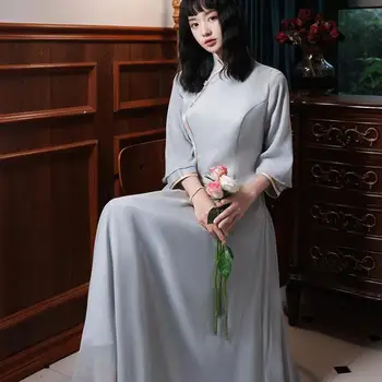 גריי סיני Cheongsam החתונה חולצת שרוול ארוך&רשת חליפת חצאית סאטן נשים מפורסם אירועים שמלת וינטג ' החלוק דה נשף