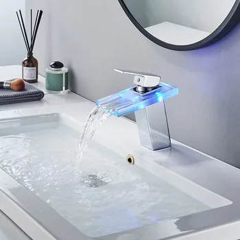 מערבל מים הברז בשירותים זכוכית ברז כיור LED זוהר שינוי צבע כוח הידרו שחור מפל אגן ברז נירוסטה