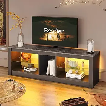 מרכז LED המשחקים מעמד טלוויזיה 55+ אינץ טלוויזיה מתכווננות מדפי זכוכית 22 דינמי RGB מצבי טלוויזיה ארון קונסולת PS4, שחור Marb