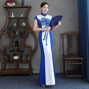 שנג קוקו כחול לבן פיניקס רקמה מדידות שמלת Cheongsam זמן נשף שמלת ערב מופע הבמה מקהלה ביצועים השמלה