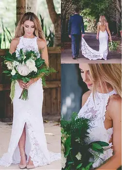 תחרה Vestido De Noiva 2020 שמלות כלה בתולת ים צווארון גבוה ללא משענת החוף שסף בוהו דובאי ערבית חתונה שמלת כלה