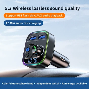 Bluetooth 5.3 משדר FM Bluetooth אלחוטית לרכב מתאם AUX מקלט רדיו נגן MP3 דיבורית סוג שיחה-C USB מטען לרכב