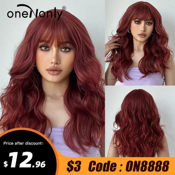 oneNonly אדום כהה פאות עם פוני ארוך גל פאה סינתטית באיכות גבוהה קוספליי לוליטה נשים פאות שיער טבעי עמיד בפני חום