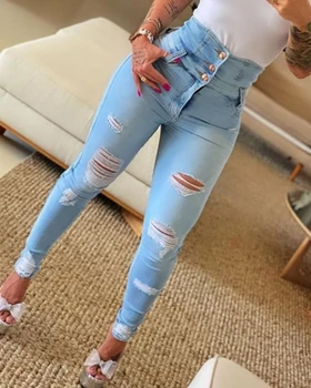 2023 נשים קריס קרוס תחרה קרע ג 'ינס סקסי גבוהה המותניים אלסטי ארוך עיפרון ג' ינס מכנסי אופנה גבוהים רחוב חור במכנסיים