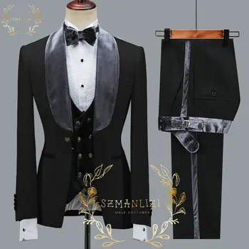 SZMANLIZI שחור נאה דפוס חליפות גברים לחתונה תחפושת Homme החתן חליפות Terno Masculino Slim Fit הנשף בלייזר 3 יח'