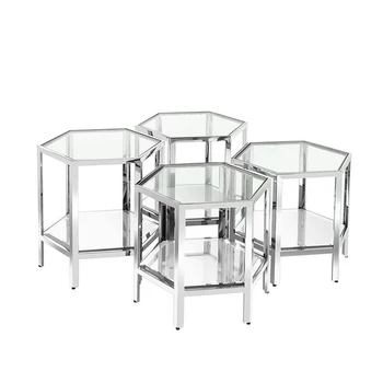 אור יוקרה מזג זכוכית שולחן קפה שילוב סלון נירוסטה משושה גיאומטריות שולחן קפה שולחן פינתי
