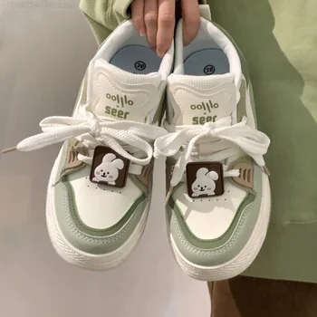 Harajuku תכליתי נעלי ארנב מדבקות Y2k נשים נעלי ספורט ירוקות עגולות הבוהן תחרה עד נעלי קוריאנית מזדמנים נעלי ספורט חדש 2023