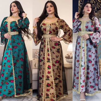 פרחוני הדפסה שמלות ארוכות Kaftan Jalabiya לנשים רשת מוסלמית ערבית חופשי Abaya האסלאמית דובאי המפרץ במזרח התיכון Abaya הרמדאן