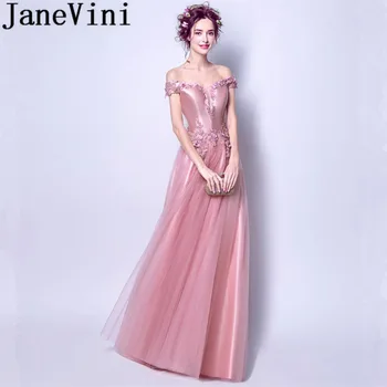 JaneVini יפה ורוד ארוך שמלות השושבינה קו ללא שרוולים, עבודת יד פרחים תחרה למעלה חזרה רצפת אורך החלוק הארוך רוז