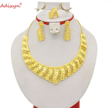 Adixyn דובאי תכשיטים מגדיר עבור נשים 24k זהב צבע עגילים שרשרת טבעות להגדיר עבור נשים אפריקה המזרח התיכון תכשיטים הודיים