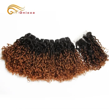 70g/מחשב ברזילאי Ombre שיער חבילות פיות תלתלים שיער אנושי חבילות עם סגירת תוספות שיער מתולתל שיער חבילות עם סגירה