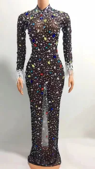 רב-צבע ריינסטון פנינים TransparentBlack שמלה ארוכה ערב יום הולדת CelebrateOutfit סקסי רקדנית ביצועים תחפושת