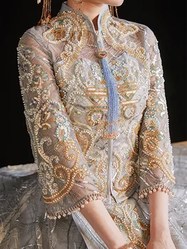 מסורתית פייטים חרוזים רקמה ציצית נישואין להגדיר הכלה החתן טוסט בגדי וינטג ' Cheongsam שמלת החתונה